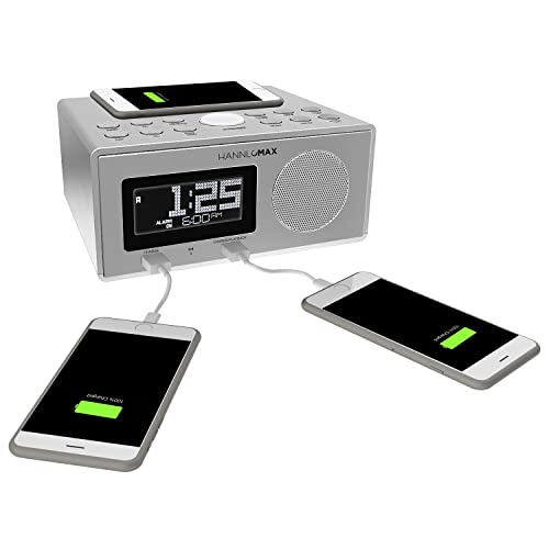 Hannlomax Hx-202Qi Alarm Clock Radio, Wireless Charging, Bluetooth, 10W Output Power, Dual Usb Ports For Charging And Mp3 Playback, Temperature, Nightlight, Time Zone, Aux-In (Silver) #TOP2