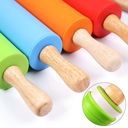 Faxco 4 Pack Mini Rolling Pin For Kids, 9 Inch Wooden Handle Rolling Pin Non-Stick Silicone Rolling Pins For Children Cake Baking #TOP2