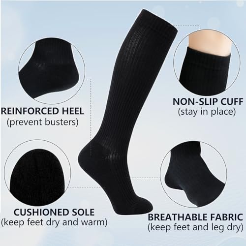 Image of +MD Cotton Compression Socks for Women & Men 4 /6 Pairs 15-20mmHg Knee High for Sports, Travel, Nursing Long Sitting Standing