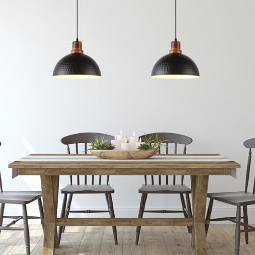 Mgcanyu M-XT-01 Black Pendant Lights Kitchen Island, 11.8 Inch Hammered Metal Black Dome Pendant Lighting Black And Wood Pendant Light Fixture Hanging Ceiling Light thumb #6
