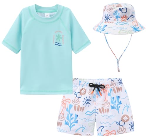 Toddlers and Baby Boys' 3-Piece Rashguard Sets Swimsuits Sets with Hat Surfing Swimwear Sunsuit UPF 50+Happy Days(3-4T)