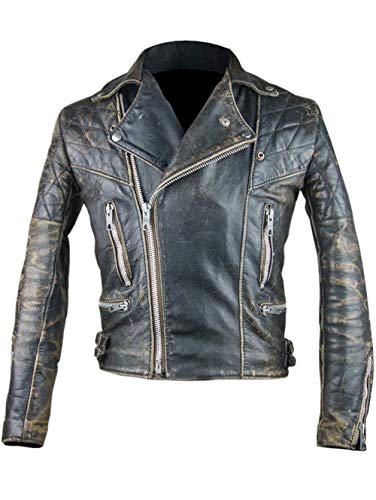 Aksah Fashion Cafe Racer Vintage Motocicleta Antigüedad Negro Biker Chaqueta De Cuero Hombre, Piel auténtica., L