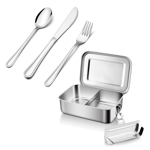 E-far Stainless Steel Bento Box and 6-Piece Kids Silverware Bundle, Medium 850ml Metal Bento Lunch Box Container, Stainless Steel Toddler Utensils Safe for Preschooler/Children, Dishwasher S