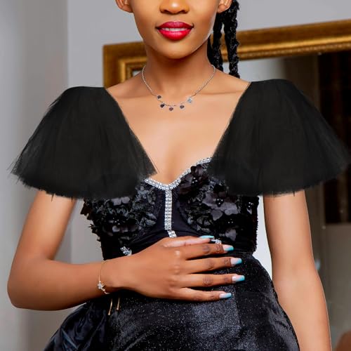 LUOZZY Black Tulle Bridal Shawl with Detachable Puff Sleeves Lace Trim for Wedding Performance Bride Accessories 6