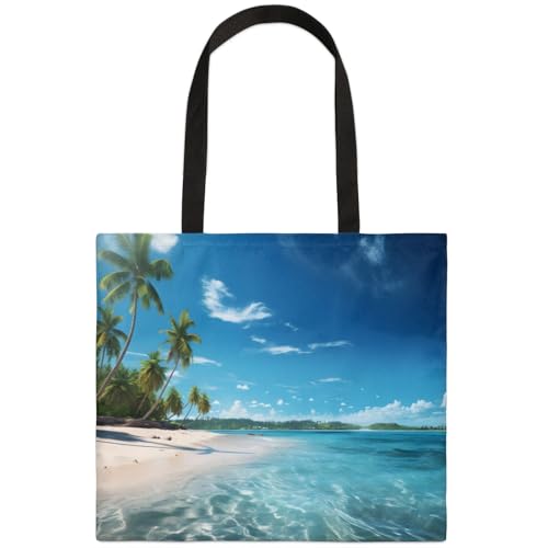Mularoka Coconut Beach Scenery Square Canvas Tote Bag Top Handle Purses Stylish Women Canvas Shoulder Tote Bags Reusable Handbags for Work Travel Picnic Beach Shopping Gym Hiking