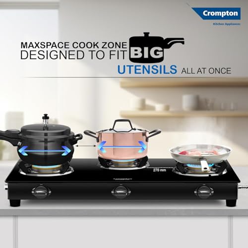 Image of Crompton FlameStar Max 3 Burner Glass Top LPG Gas Stove | 1 Jumbo & 2 Medium Brass Burner | Max Space | Easy Cleaning | Toughened Glass| Tri Pin Brass Burners |2 Year Manufacturer's Warranty