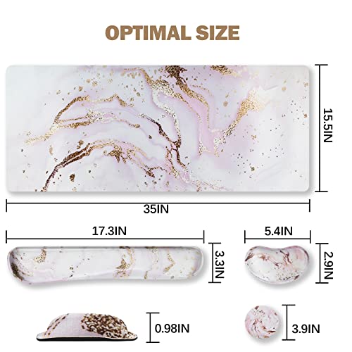 Image of ARTSO Large Gaming Mouse Pad, Keyboard Wrist Rest Pad & Wrist Support Mousepad Set, Stitched Edge, Extended, Non-Slip Base, Memory Foam,Multifunctional Desk Mat 4pcs for Office & Home, Pink Marble