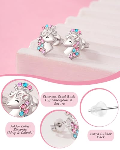 Shonyin Unicorn Earrings Hypoallergenic Crown CZ Earrings Birthday Mothers Day Back to School Jewelry Gifts for Teen Ages 8-12 Daughter Granddaughter Niece3