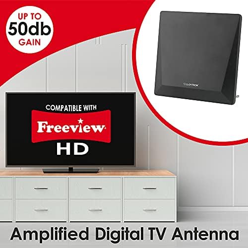 LLOYTRON Active Indoor Panel TV Antenna Aerial with Digital Freeview Compatibility / Built-in LTE 4G Filter / Powerful Amplifier / 50dB gain / Superior Frequency Range / Adapter Included - A3103BK