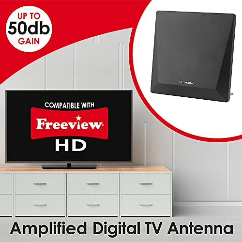 LLOYTRON Active Indoor Panel TV Antenna Aerial with Digital Freeview Compatibility / Built-in LTE 4G Filter / Powerful Amplifier / 50dB gain / Superior Frequency Range / Adapter Included - A3103BK
