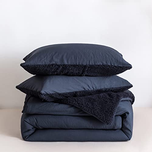 Cottebed Warm Comforter Queen Size Sherpa Comforter Set Fuzzy Bedding Comforters Washable Cotton Fleece Down Alternative Lightweight Comforter And Pillow Shams(Dark Blue,Full/Queen) #TOP7