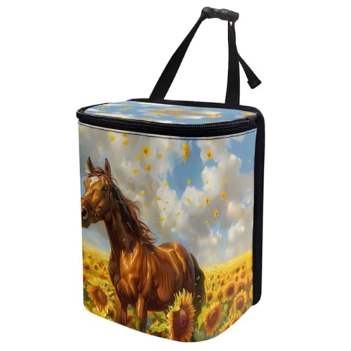 Image of Talayituse Horse Sunflower Print Car Trash Can, Portable Auto Garbage Bin Multifunctional Vehicle Interior Accessories with Adjustable Straps Universal Fit Truck SUV Sedan