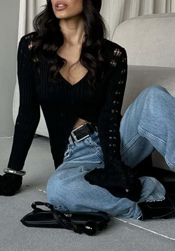 Famnbro Womens Crochet Long Cardigan Long Sleeve Duster Hollow Out Sweater Knit Dress Cover Up Vacation Outfits4