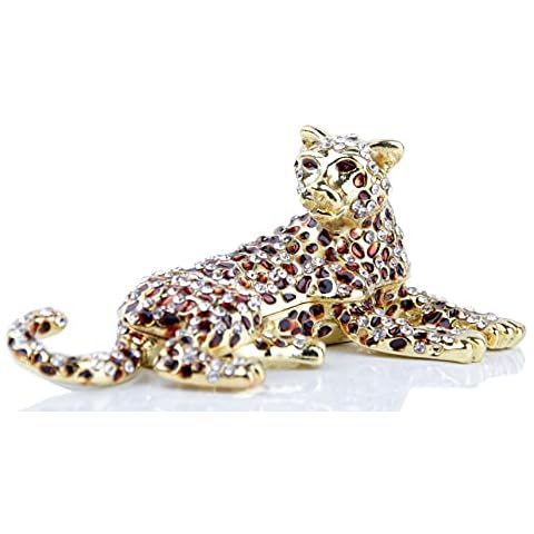 24K Golden Leopard Jewelry Trinket Boxes Hinged Hand Painted Enameled Leopard Figurine Gift Cover