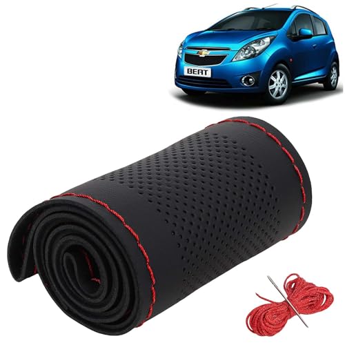 Image of KINGSWAY PU Leatherite Car Steering Cover Sewable Compatible with Chevrolet Beat (Year 2009-2017), Black Color with Red Thread, Pack of 1 with Sewing Needle and Thread