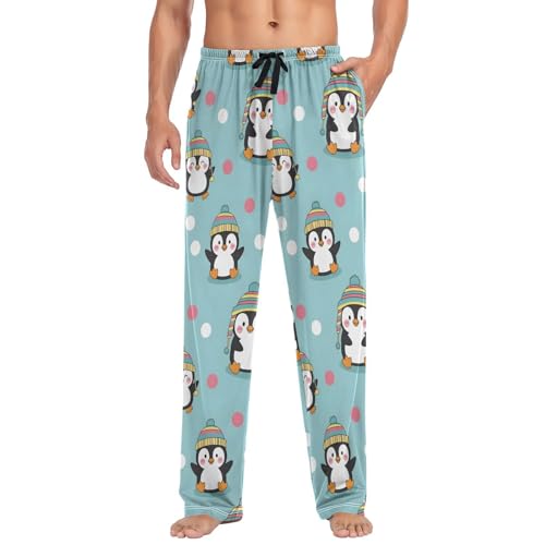 Mens Pajama Pants Cute Penguins with Colorful Hats Soft Lounge Sleep Pant with Pockets Sleepwear PJ Bottoms for Men