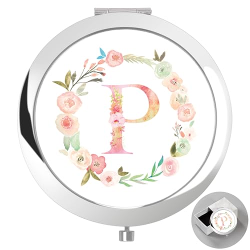 Personalized Gift Initial Compact Mirror w Box for Women Sister (P, SILVER)