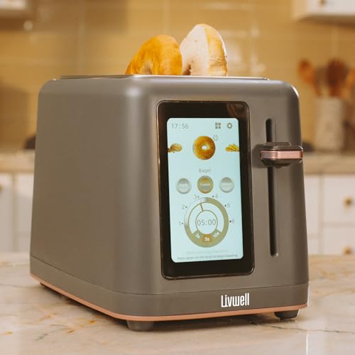 Livwell Touch IQ Matte Grey 2-Slice Toaster with High-Resolution Touch Screen - Kitchen Wedding Gift or Dorm Room Appliance - 10 Bread Settings, 6 Browning Levels, Multilingual Options