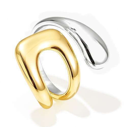 Poxtex Two Tone Gold Silver Rings for Women, Mixed Metal Jewelry Non Tarnish, Chunky Statement Thumb Pinky Fashion Trendy Cute Rings Size 10