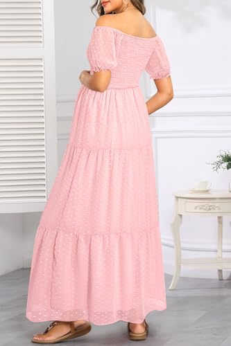 Image of Off The Shoulder Maternity Dress for Baby Shower - Women's Boho Swiss Dot Smocked Puff Sleeve Maxi Dress