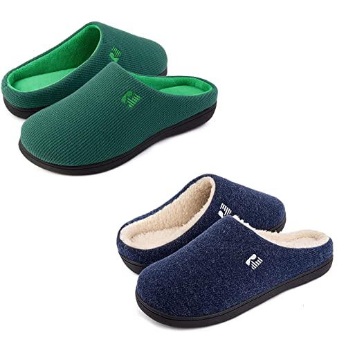 Set of 2 Pairs - US Size 11-12 RockDove Men's Original Two-Tone Memory Foam Slipper( Blue/Natural and Forest Green)