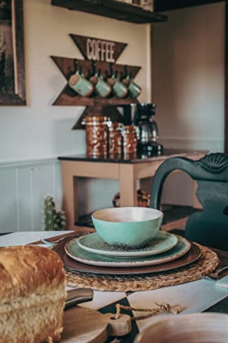 Image of Paseo Road Patina Turquoise 16 Piece Ceramic Southwestern Rustic Cabin Dinnerware Set with Plates, Bowls and Mugs