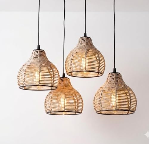 MUHAZ Handwoven Natural Paper Rope Dome Hanging Light Fixture, Pack of 4 Coastal Farmhouse Ceiling Lamp, Warm Ambient Lighting for Kitchen, Dining Room, Bedroom, Living,Pendant, [Bulb NOT Included]