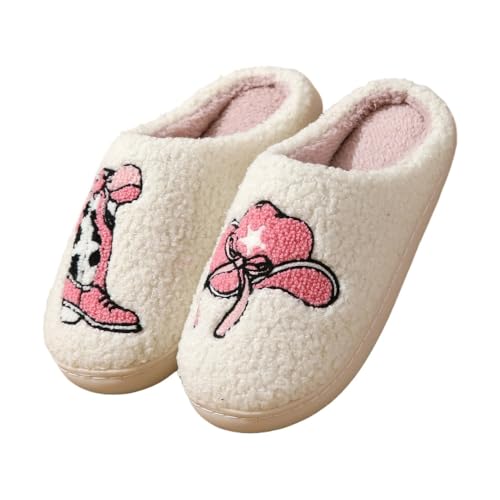 Coquette Western Cowboy Boots Slippers for Women Fluffy Memory Foam Comfort Wear Shoes Wide Lightweight Warm Fuzzy Fur Lined Cotton House Slippers Indoor Bedroom Slides Cute Christmas Gift for Couples