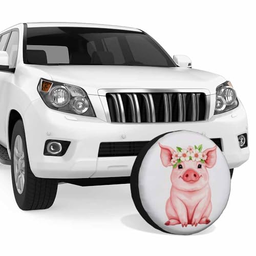 Image of Pink Pig Spare Tire Cover Funny Piglet Wearing Wreath Farm Cartoon Watercolor Animal Weatherproof Universal Wheel Protectors Camper Tire Covers for Trailer Rv Travel(17 inch)