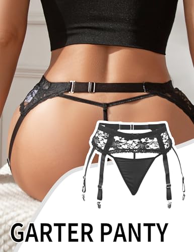 Image of Women Floral Lace Garter Belt Plus Size Mesh Suspender Belt Set with 4 Straps Metal Clip for Thigh Highs