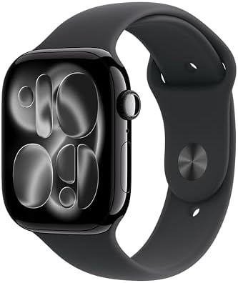 Apple Watch Series 11(GPSモデル)- 46mmジェットブラックアルミニウムケースとブラックスポーツバンド - M/L、睡眠時無呼吸、高血圧パターン、血中酸素、心電図、排卵推定、心拍数、服薬、マインドフルネス、ノイズ、睡眠スコア、転倒検出、IPX6X防塵、泳げる耐水、Suica対応、高速充電対応