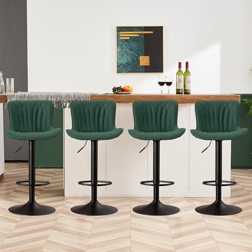 Image of Bar Stools Set of 4 Modern Kitchen Counter Chairs Barstools Dark Green | Faux leather upholstered island chairs with backs & metal base. Swive Adjustable Height, easy to clean & load 300 lbs