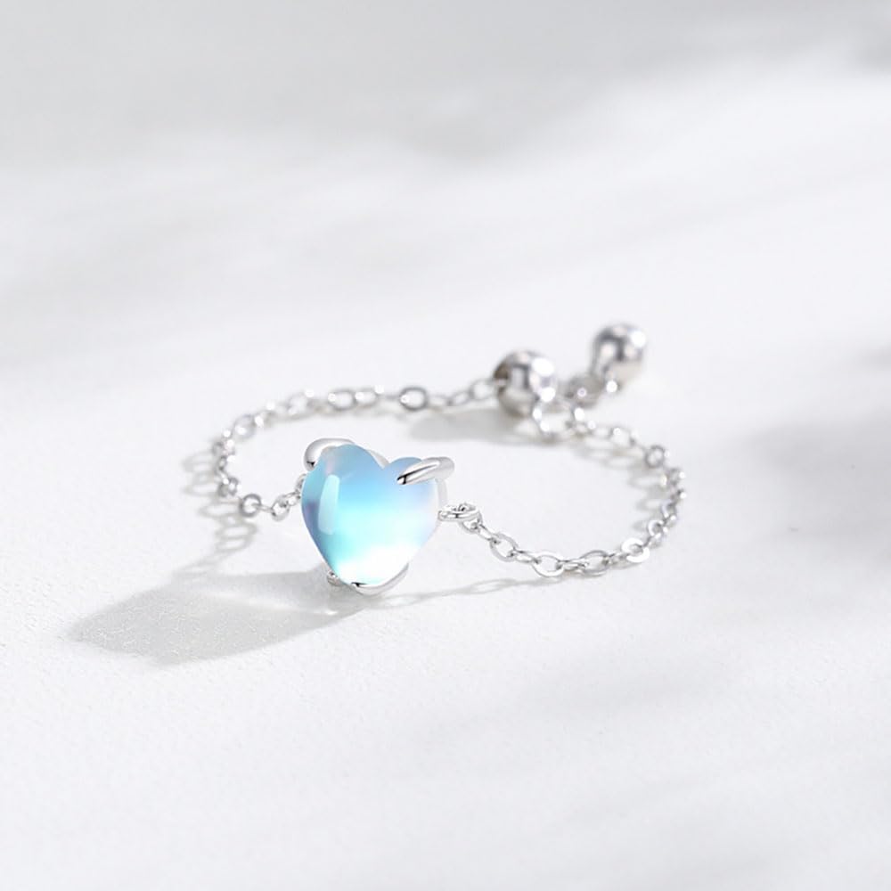 Anillo de corazón de piedra lunar para mujer, cadena de eslabones de lágrima de cristal, anillos apilables, anillos de compromiso y promesa, bola colgante ajustable, Cristal, Zirconia cúbica 3