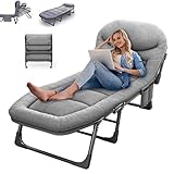 SnozeFlex Chaise Lounge Chair, Folding Cot, 6-Angle Adjustable Camping Cot with Mattress for Patio and Beach, Foldable Bed Portable Heavy Duty Lay Flat Reclining with Pillow (Gray, L - 75'')