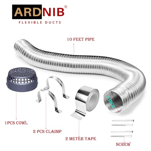 Image of 5 Inch /10ft Kitchen Chimney Flexible Aluminum Pipe | Complete Installation Kit with Free Cowl Cover, 2m Tape, and Clamp | Fits Various Chimney Brands, Silver (5 inch /125mm diameter, 300, cm)