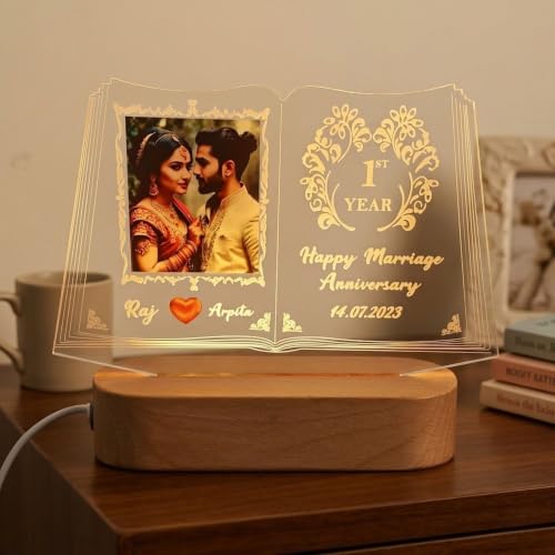 Image of Personalized 3D Illusion LED Table Lamp Book Shape Customized Photo Lamp for Couple Gift Anniversary, Wedding, Marriage, Valentine Day- Your Wooden Base Text Egraved, Brother Sister