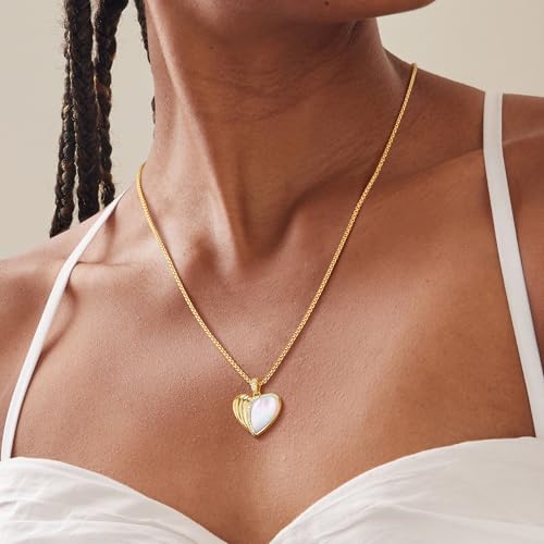 Fettero Dainty MOP Necklaces for Women, 14K Gold Plated Heart Cross Teardrop Pendant Cute Charm Neclace Delicate Pearl Beach Gold Necklace for Women Jewelry Gift