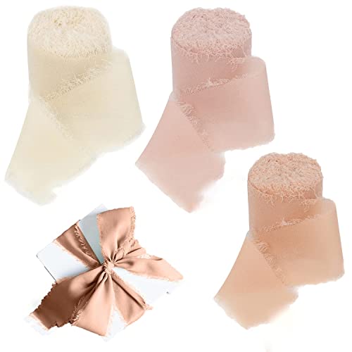HREDZEO Chiffon Ribbon, 3 Rolls, Beige/Meat Pink/Pink, Wedding, 4 cm x 5 m, Modern, Unique Worn Edges, Handmade Tassel - Image 2