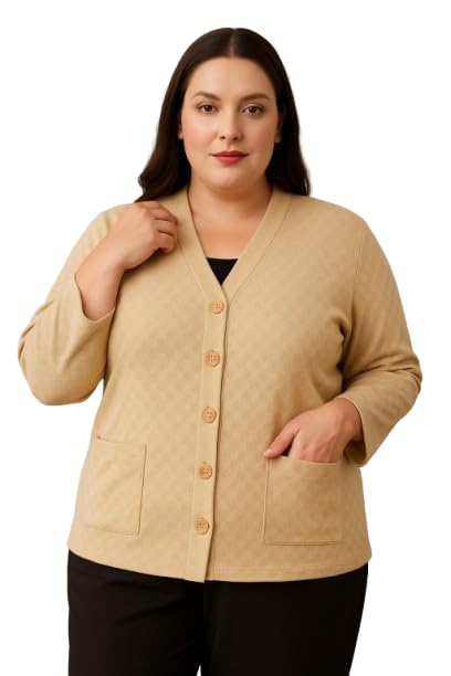 Image of Women's Woollen V-Neck Plus Size Winter Cardigan Sweater with Front Pockets