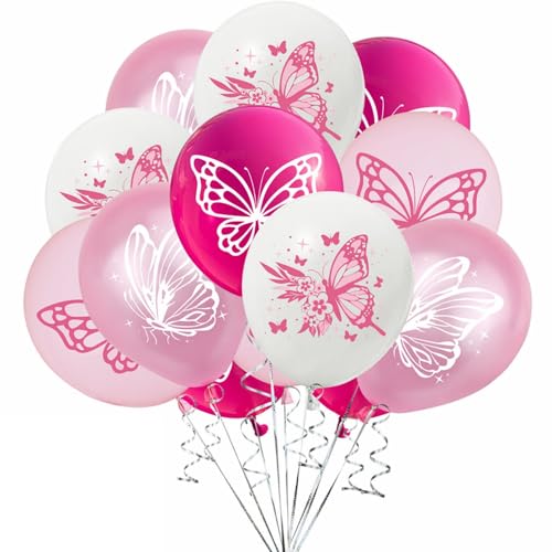 Yunchu Online 16 globos de mariposa rosa, decoración de cumpleaños para niñas, color rosa, decoración de cumpleaños, niñas, mariposas, fiestas de cumpleaños