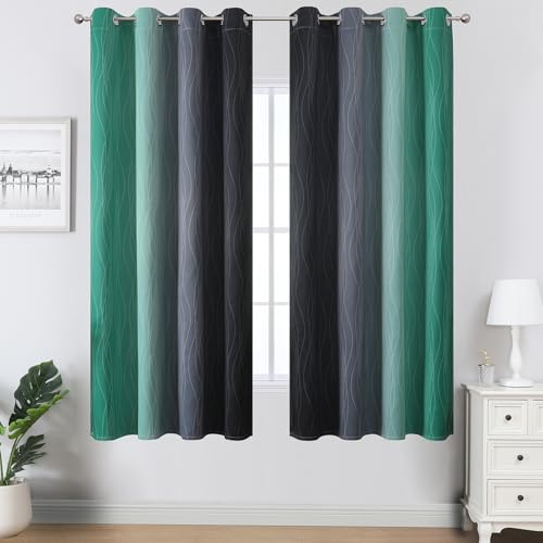 Image of Estelar Textiler Black and Green Blackout Ombre Curtains for Bedroom 63 Inches Long, Gradient Light Blocking Thermal Insulated Grommet Drapes for Living Room,52Wx63L,2 Panels