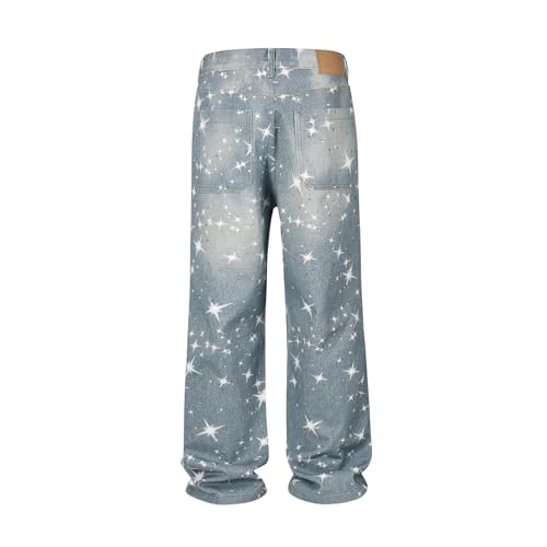 Rhinestone Jeans Men Baggy Y2K Star Print Bedazzled Denim Pants Wide Leg Streetwear Bling Bottoms Glitter Washed 2000s3