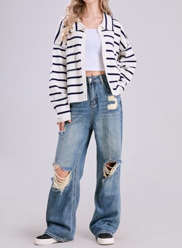 chouyatou Women's Button Down Striped Cardigan Sweater Polo Collar Open Front Knit Jacket 2024 Fall Outfits2
