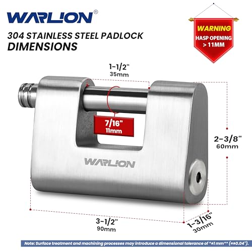 Image of WARLION Ultra Secure Heavy Duty Solid Stainless Steel Lock with 4 Keys & 7 /16 inch Uncuttable Shackle - Weatherproof Multi-Use Padlock for Container, Warehouse, Shed, Gate & 2-Wheeled Vehicles (No Chain)