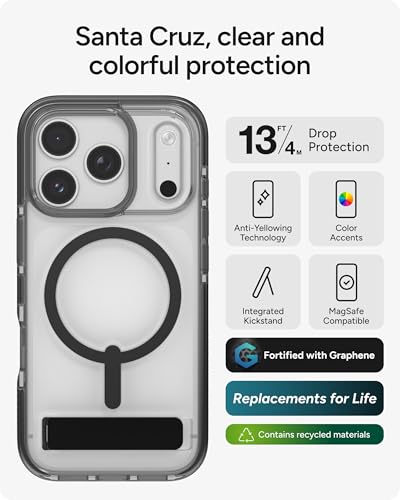 Image of ZAGG Santa Cruz Snap Case with Kickstand for iPhone 17 Pro - Jet Black, Drop Protection (13ft /4m), MagSafe Charging Compatible, ClearGuard Anti-Yellowing Technology, Scratch Resistant Phone Case