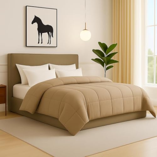 Image of Heavy Winter Bed Comforter for Single Bed - 500 GSM Ultra Warm Quilt Blanket /Rajai - Taupe - Down Alternative Microfiber Duvet Insert with Corner Ties - Winter Season Premium