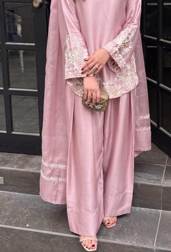 Image of Durwa wondermart Women Silk Crepe Embroidery Work full sleeve v neck with Patiala Gharara with net fabric dupatta set for women