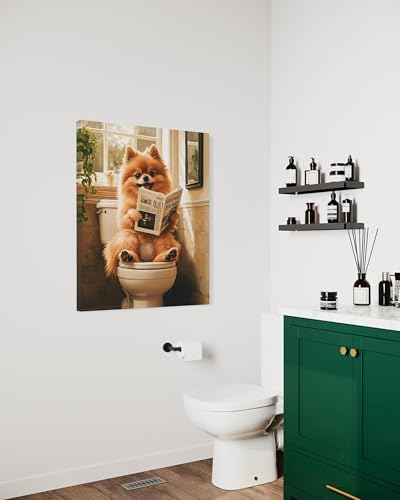 Image of Pomeranian on Toilet Wall Art Print Canvas Wrapped, Dog Bathroom Humor Decor Posters Prints for Restroom Home Picture Painting Artwork Gallery 7 (Pomeranian, 20 inchL x 16 inchW CANVAS, Wrapped Canvas)