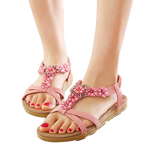 SHIBEVER Women's Summer Sandals Bohemian Beach Ankle Strap Elastic Flats Strappy Sandals Shoes Pink 9 - Image 3