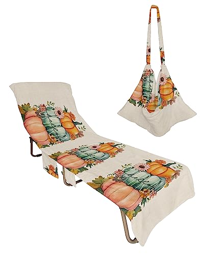 Harvest Pumpkin, Beach Lounge Chair Towel Cover, Soft Chaise Lounge Towel with Side Pockets Patio Pool Chairs Cover for Beach/Pool Sunbathing 29x85 Fall Thanksgiving Autumn Flower Leaves
